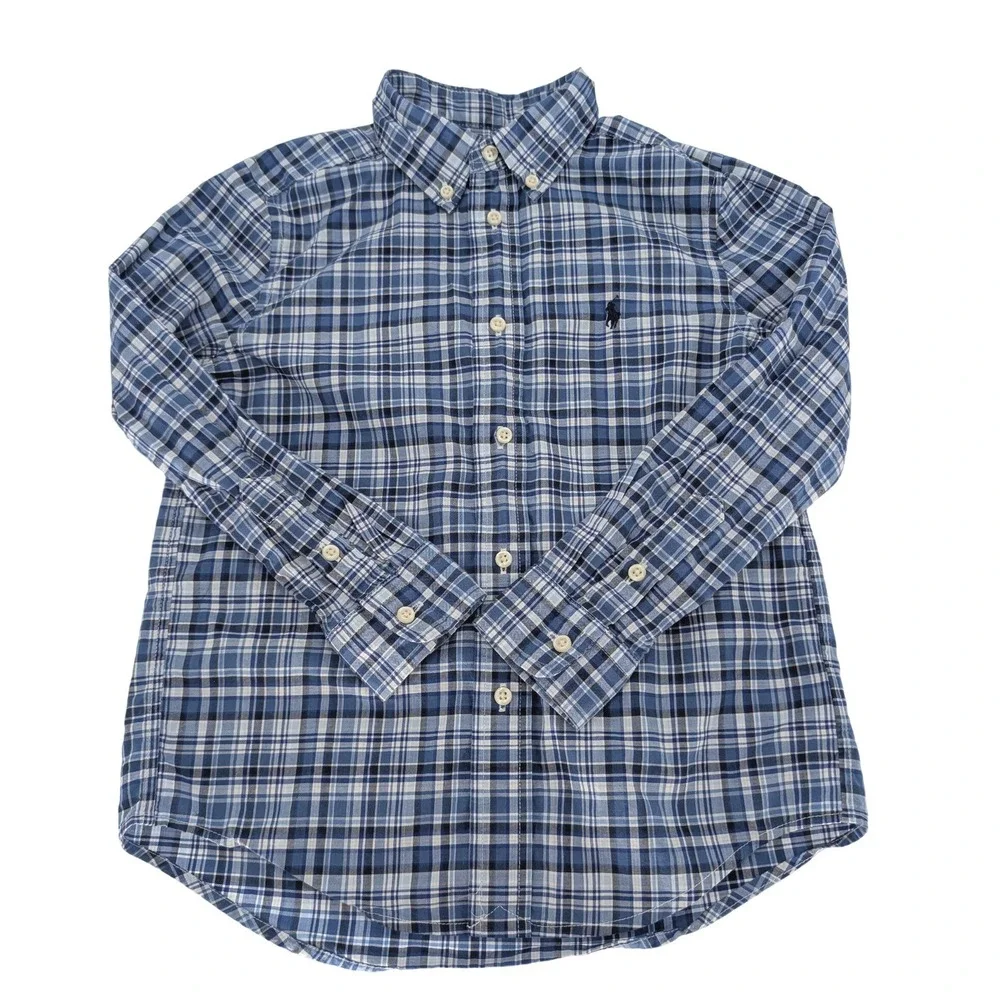 Ralph Lauren Button Down Shirt Kids 6 Blue Plaid Cotton Long Sleeve Preppy